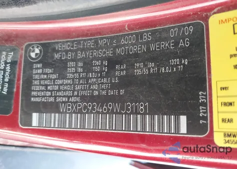 2009 BMW X3 xDrive30I из США, поврежденный, VIN WBXPC93469WJ31181